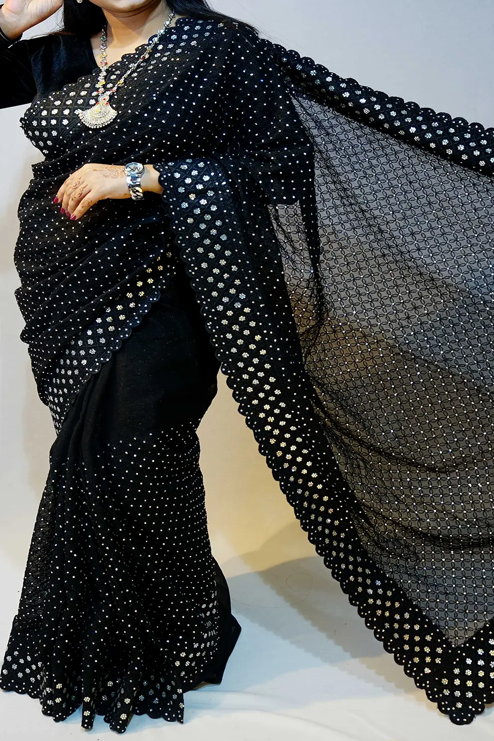 Black Silver Diamond Soft Chiffon Georgette Saree